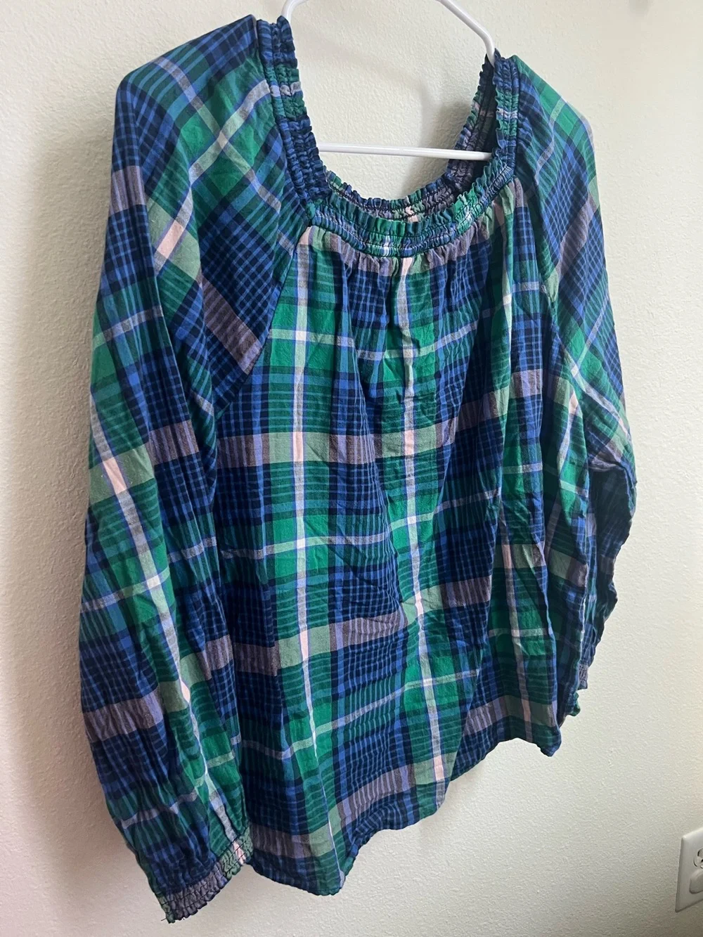 Old Navy Blue and Green Plaid Smocked-Neck Blouse